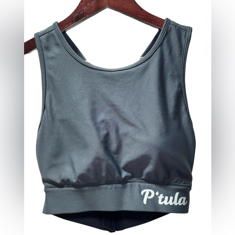 P’tula womens black sports bra, white logo, cross back in Medium with hook & eye - Picture 3 of 13